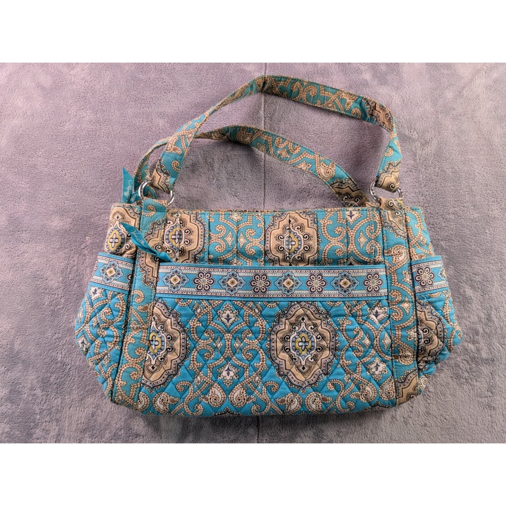 Vera Bradley Quilted Cotton Shoulder Bag Blue Tan Paisley Zip Top Handbag